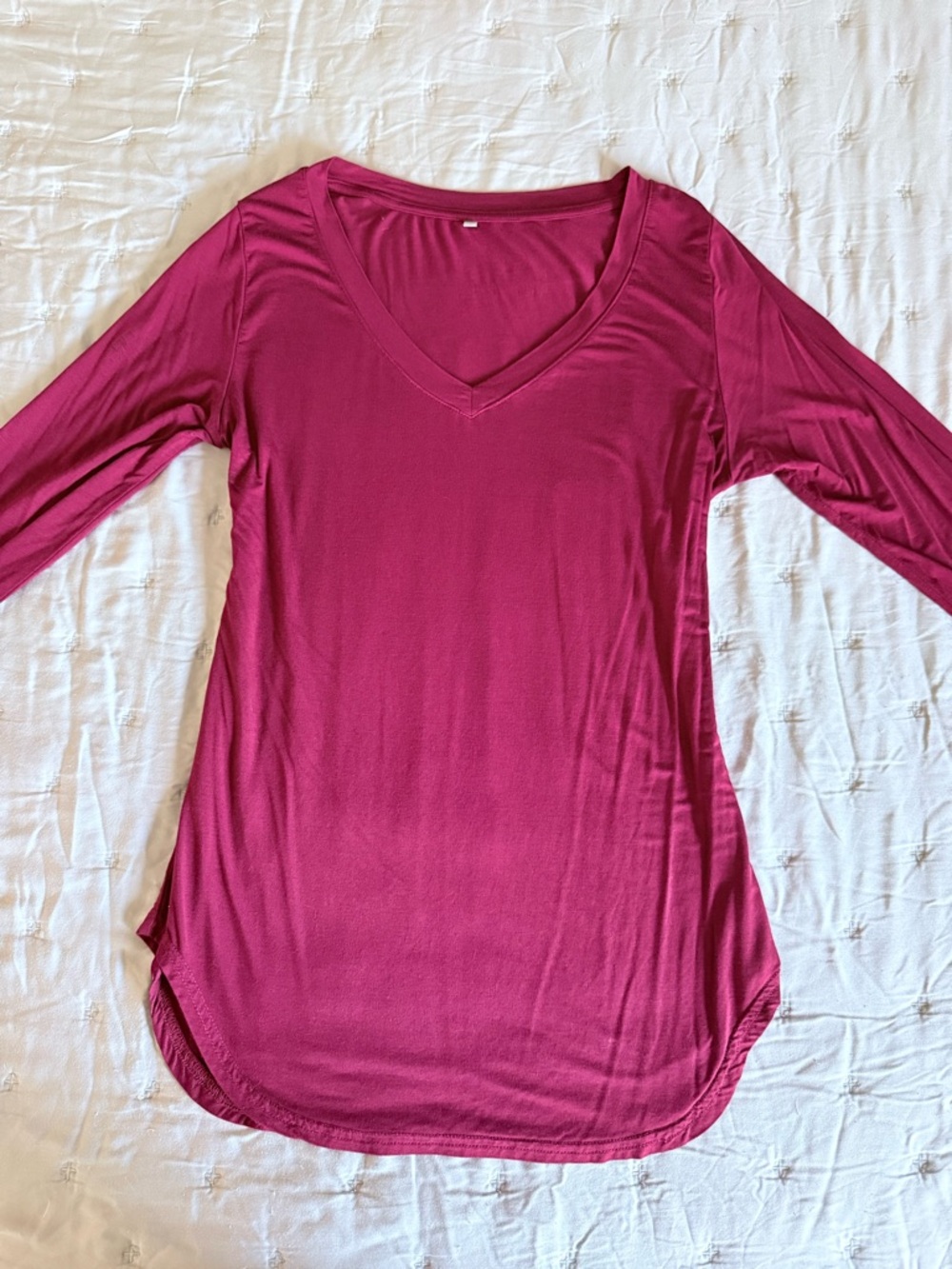 Women's V-Neck Long Sleeve Curved Hem Tshirt - Burgundy Dark Red Light Weight
